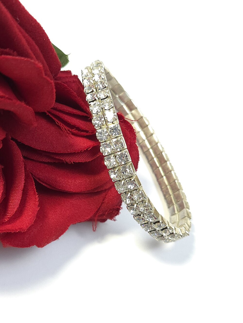 Vintage Art Deco Silver Crystal 2 Row Stretch Bracelet